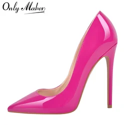 Onlymaker Women Pumps Pointed Toe 12CM Thin Heels Patent Leather Magenta Lady Shoes Big Size Shoes