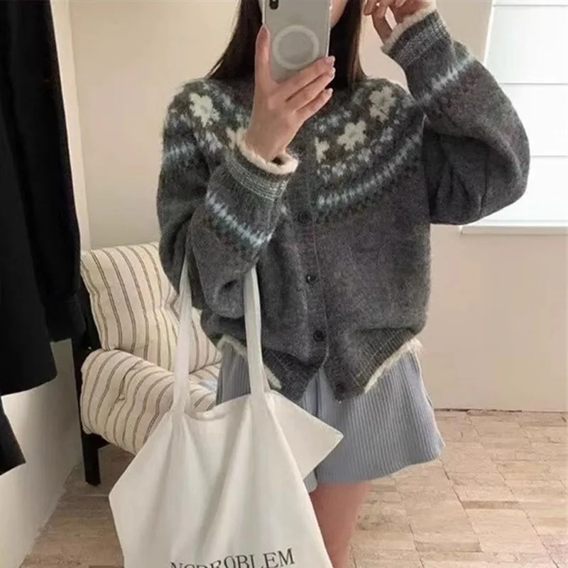 Fair ilha jacquard feminino camisola outono inverno cardigan solto macio pegajoso topos moda casaco temperamento jumper malhas preguiçosas