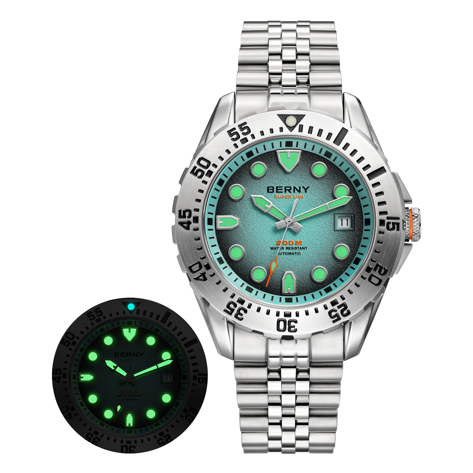 BERNY 20ATM Automatisch Duikhorloge voor Mannen MIYOTA 8215 Top Nauwkeurigheid 316L Staal Supper Lichtgevende Saffier AR Heren Duikhorloges