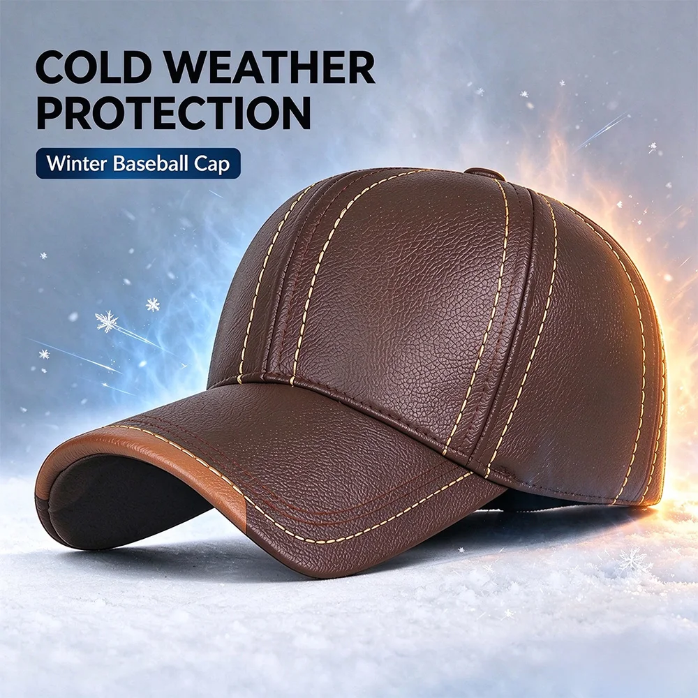 Men's Winter PU Leather Dad Hat Windproof Fleece Lined Thick Stitch Grain Cold Proof Outdoor Baseball Cap