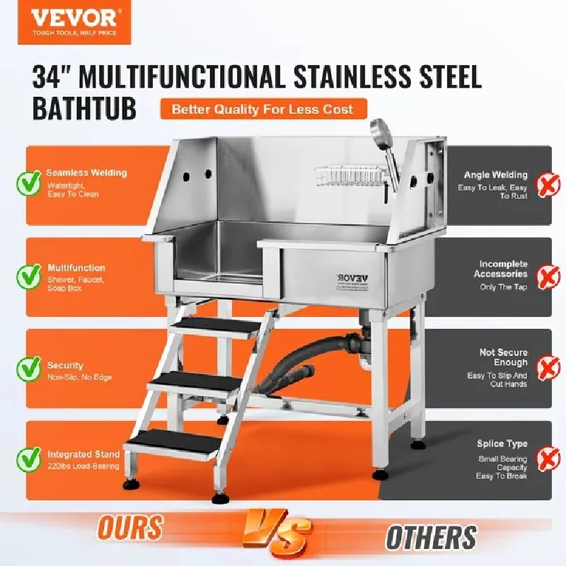 VEVOR 34" Pet Dog Bathing Station w/Ramp, Professional Stainless Steel Dog Grooming Tub w/ Storage Drawer, Faucet,Rich Accessory