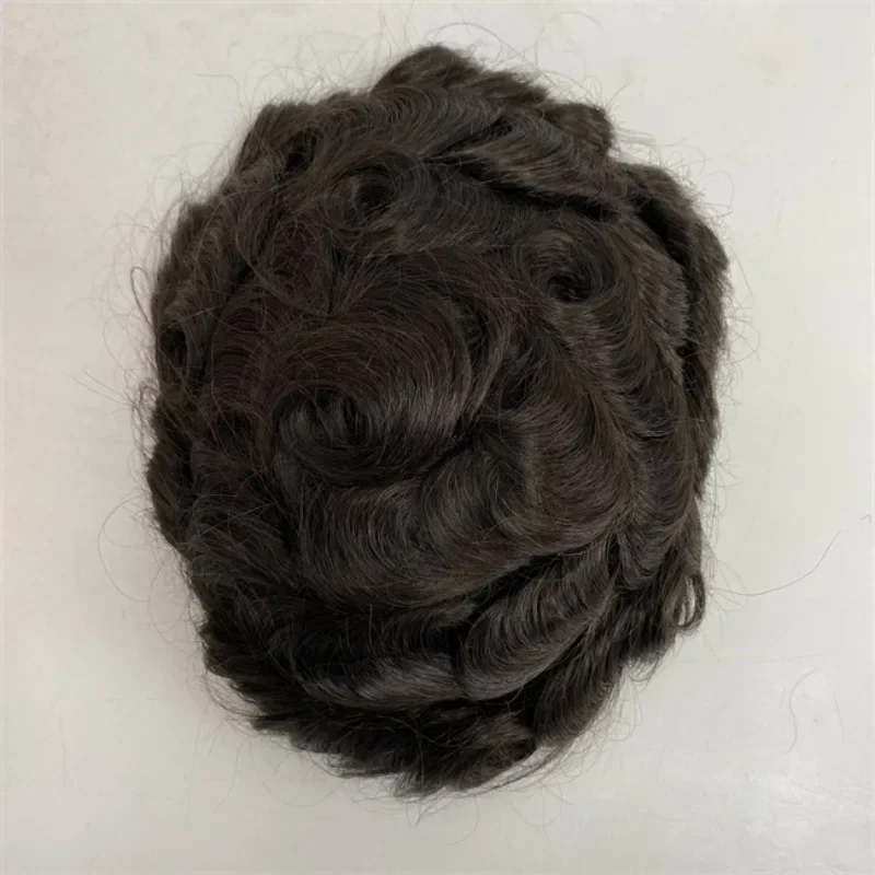 32mm Curvature Natural Hairline Men's Wigs Durable Thin Skin Full PU 100% Human Hair Wigs Gray Brown Straight Hair System Wigs