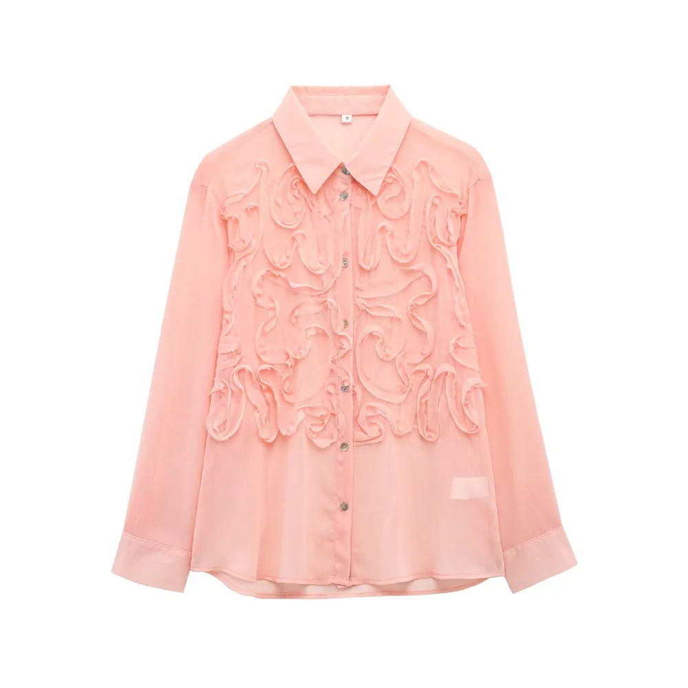 

PB&ZA2025 Women's LongSleeve Ruffled Graceful Feminine Delicate Flowy RuffledButtonedChiffon Shirt Ensemble