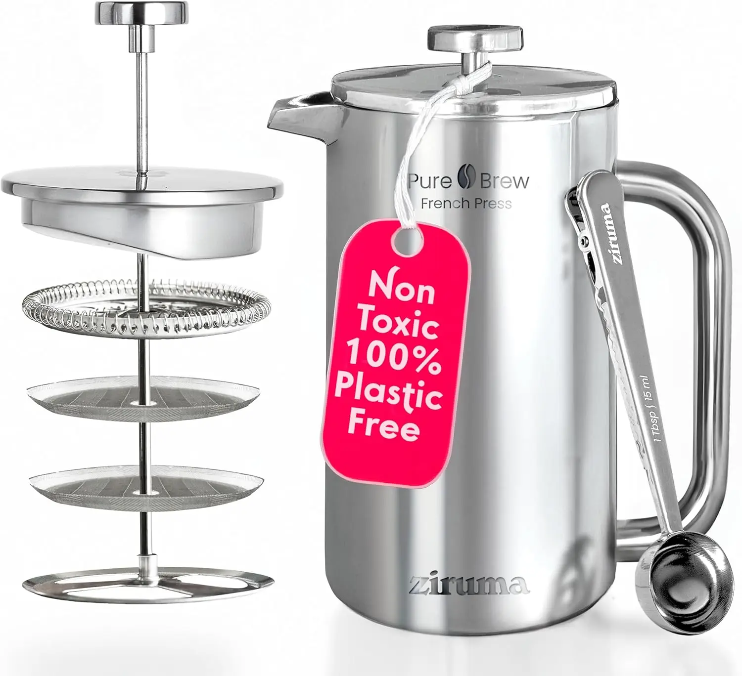 

Stainless Steel French Press Coffee Maker, 34 Oz Double Wall Insulated, Plastic-Free with 4-Layer Filter for Smooth Brew