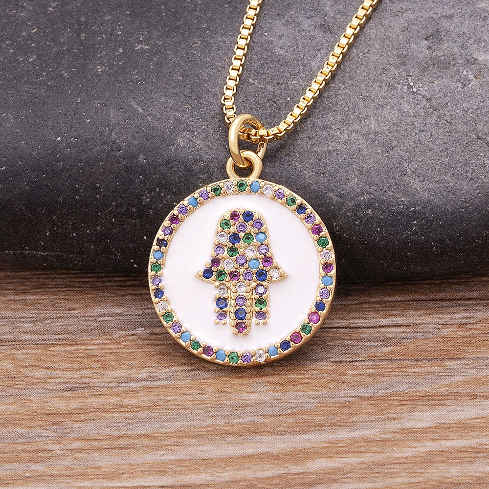 Nidin Women Hamsa Hand Necklace Enamel Round Pendant Multicolor Crystal Zircon Fatima Palm Amulet Lucky Protection Jewelry Gifts