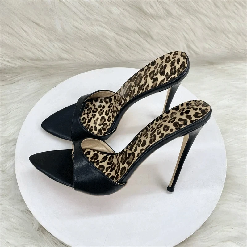 Tikicup Sexy Leopard Print Mules Pointed Toe Stiletto Heels Open Back Slip-on Pumps for Women Party and Nightclub Wear Plus Size