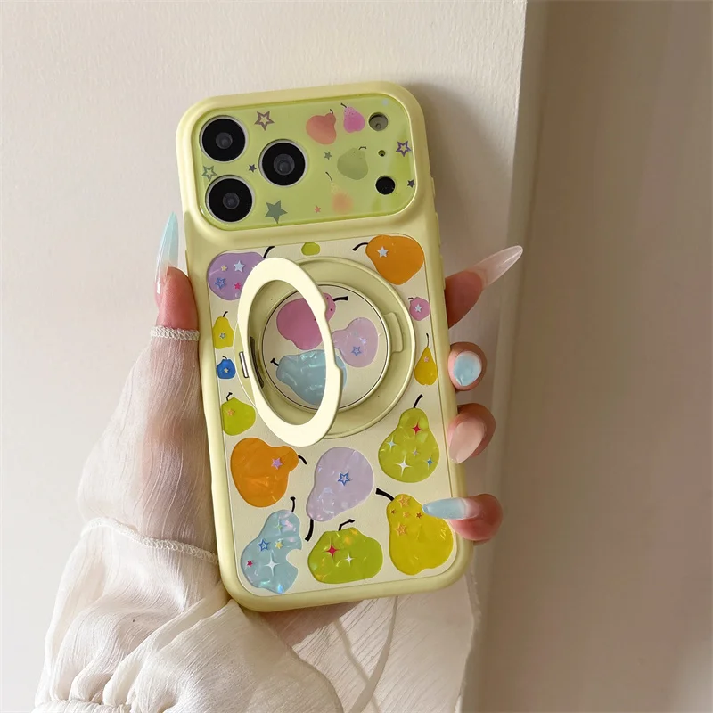

Cute Pear Print 360° Phone Case For iPhone 17 16 15 Pro Max With Rotating Stand Shockproof Protective Cover For Girls funda ipho