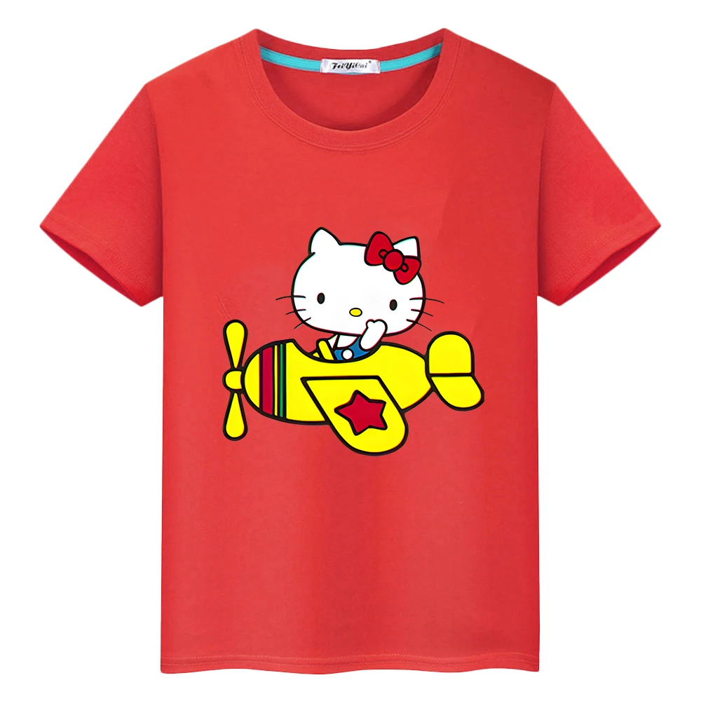 Camiseta con estampado de hello kitty para niños y niñas, camisetas cortas de Anime de dibujos animados, 100% algodón, ropa y2k, regalo para niños