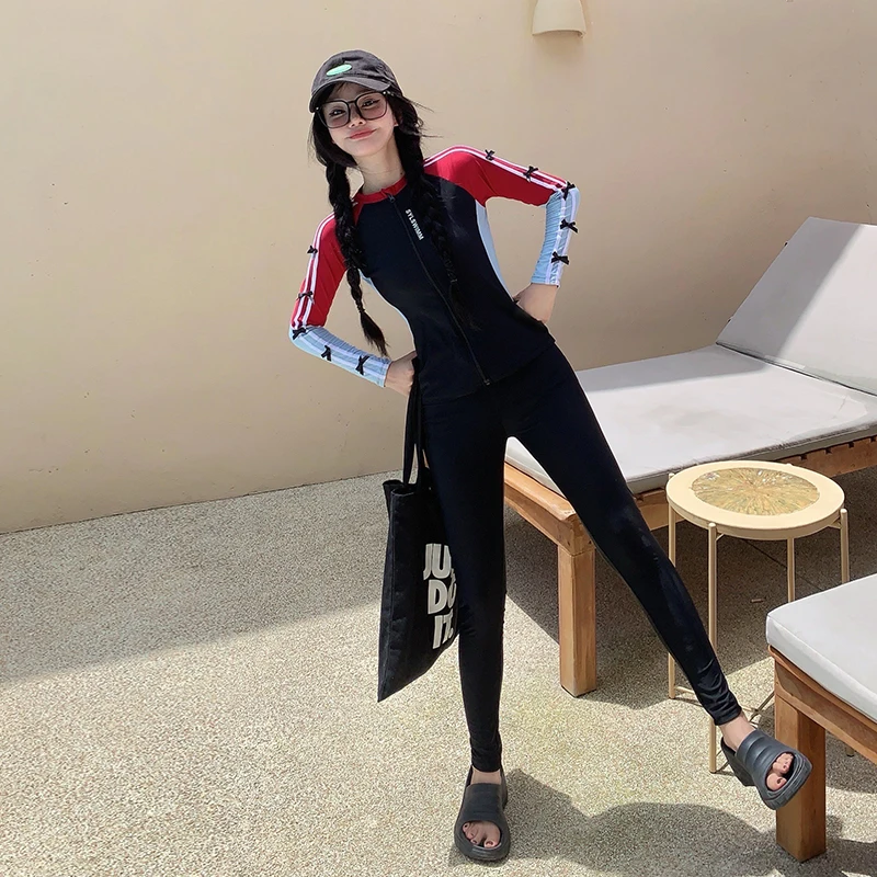 Woman Summer Swimsuit Long Sleeves Long Pants Surfing Suit Padded Beach Wear Swimwear Padded High Waist Bathing Suit Sports Wear