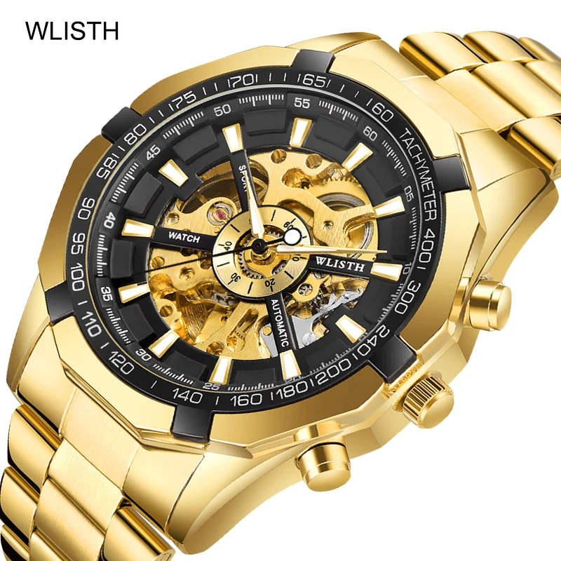 Automatic Mechanical Watch for Men Stainless Steel Golden Black Color Hollow Style Precise Movement Watch Casual Wristwatch