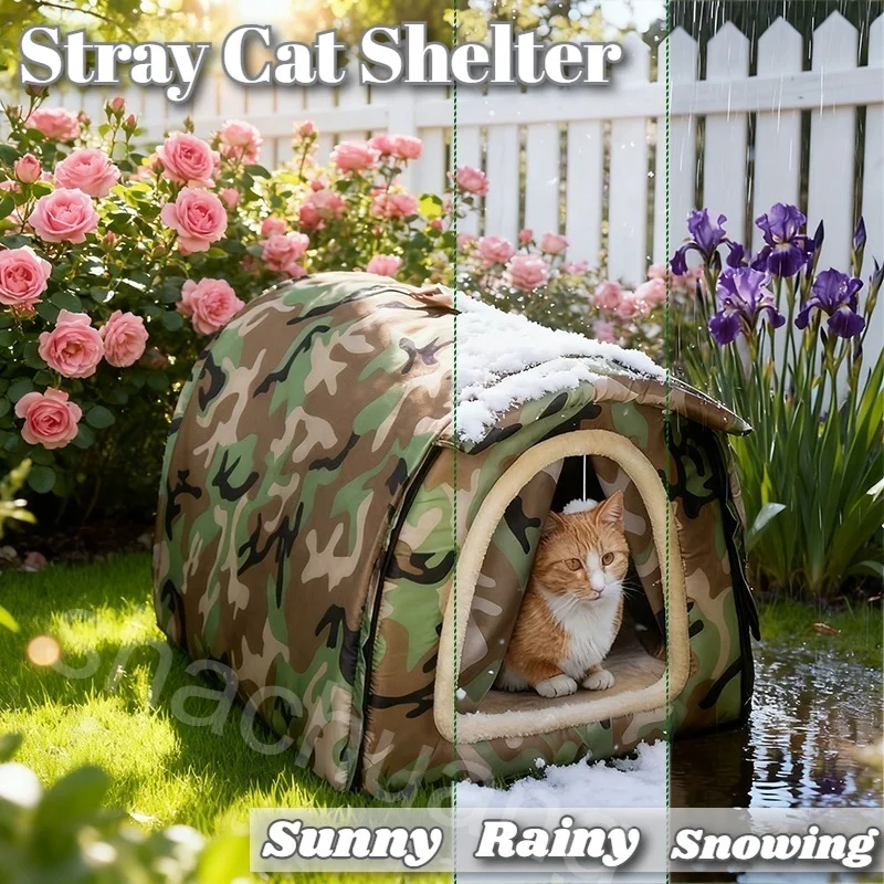 

All Season Weatherproof Outdoor Cat House Removable Waterproof Foldable Design Enclosed Nest with Plush Pad for Stray Cats Dog