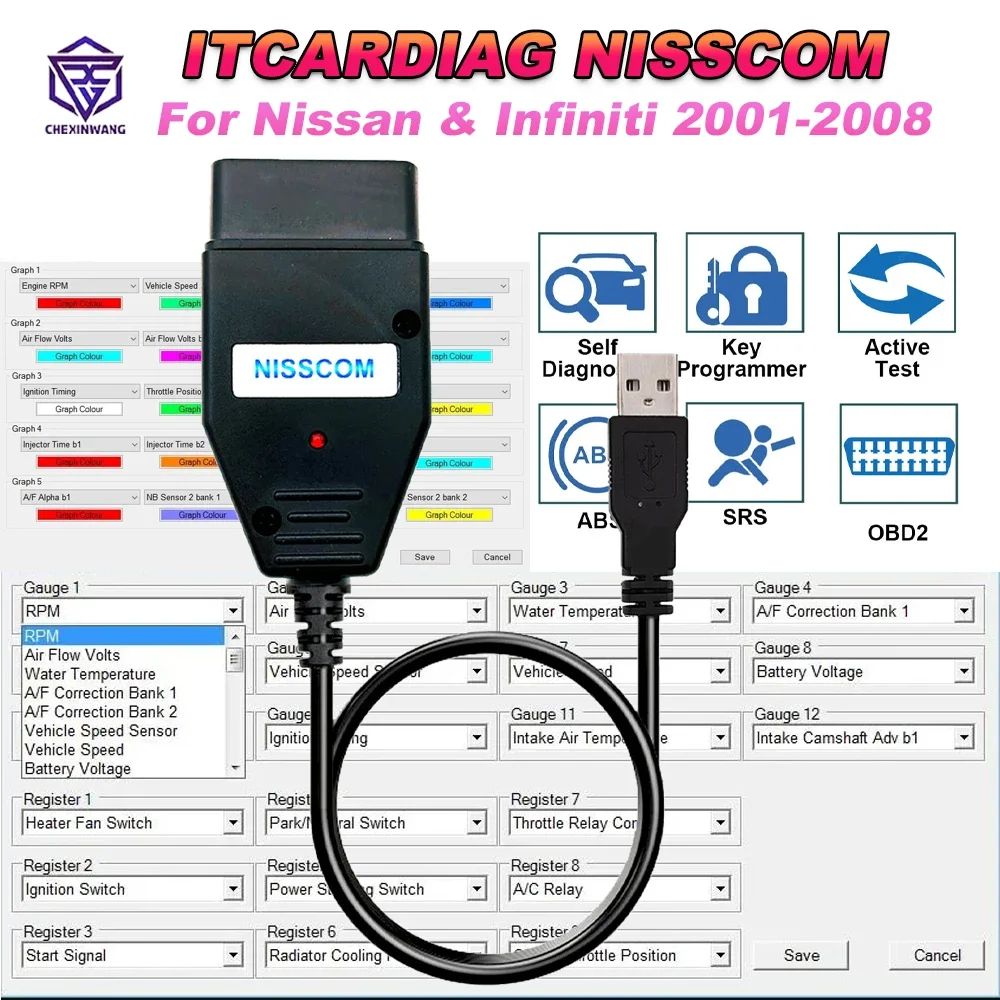 

NISSCOM & Infiniti OBD2 Diagnostic Tool Support ABS ECM Program Immobiliser Key Steering Angle Sensor Reset