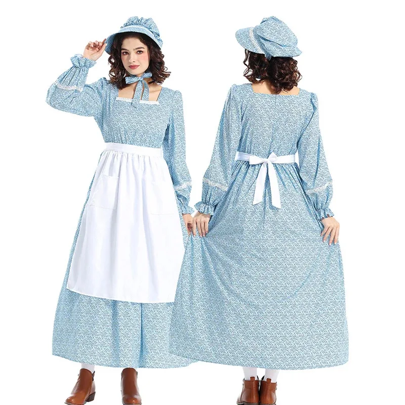 여성 할로윈 개척자 의상 미국 역사 의류 순례자 꽃 식민지 초원 드레스 보닛