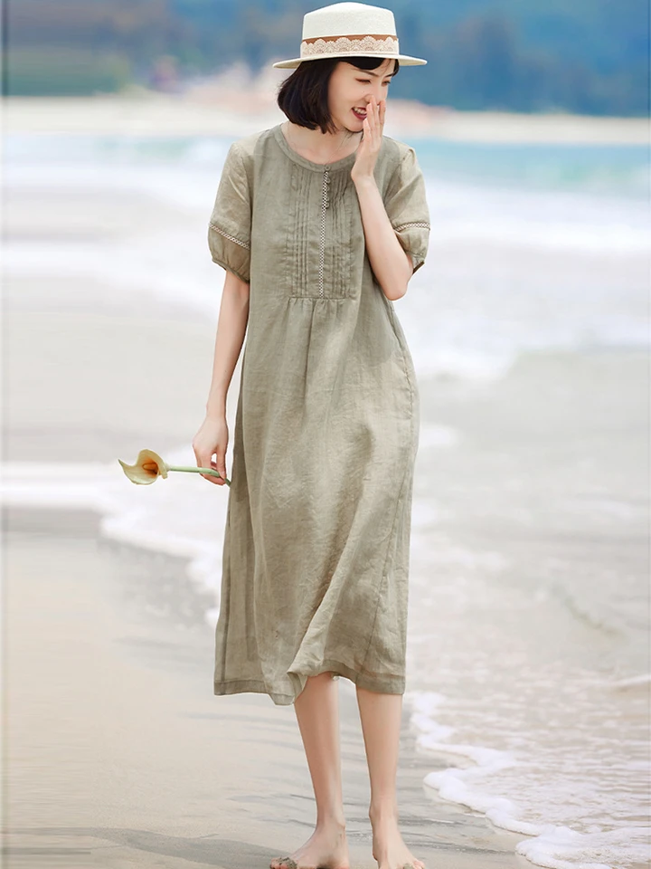 100% Ramie Women Casual Dress New Arrival 2026 Summer O-neck Solid