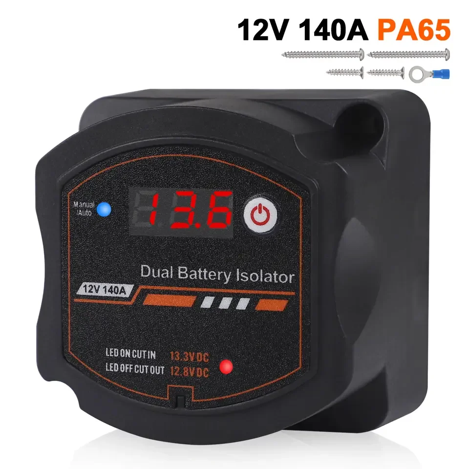 

Dual Battery Isolator 12V 140A Auto Manual Voltage Sensitive Relay with Digital Voltmeter Smart VSR for Camper Car RV Yacht Boat