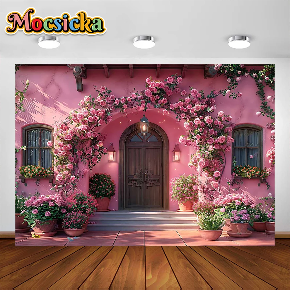 Spring Arch Fotografia Fundo, Rosa Casa Flores Decorações Do Partido, Kids Portrait Photo Backdrops, Photo Studio Props