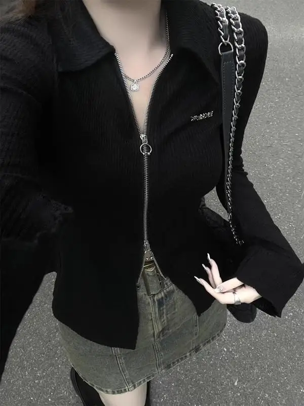 Bla Long Sve Knitted Open Cardigan Women's Slimming Waist Design Sexy Trendy Top for Spring Autumn Korean Sle Commute