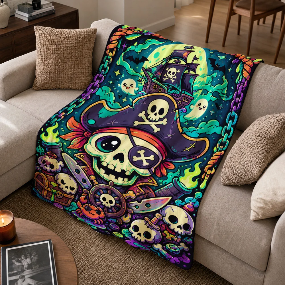 Unique Pirate Skull Throw Blanket Couch Decorative Nautical Ship Halloween Gothic Spooky Sofa Cover Gift for Boys Girls Man Woma