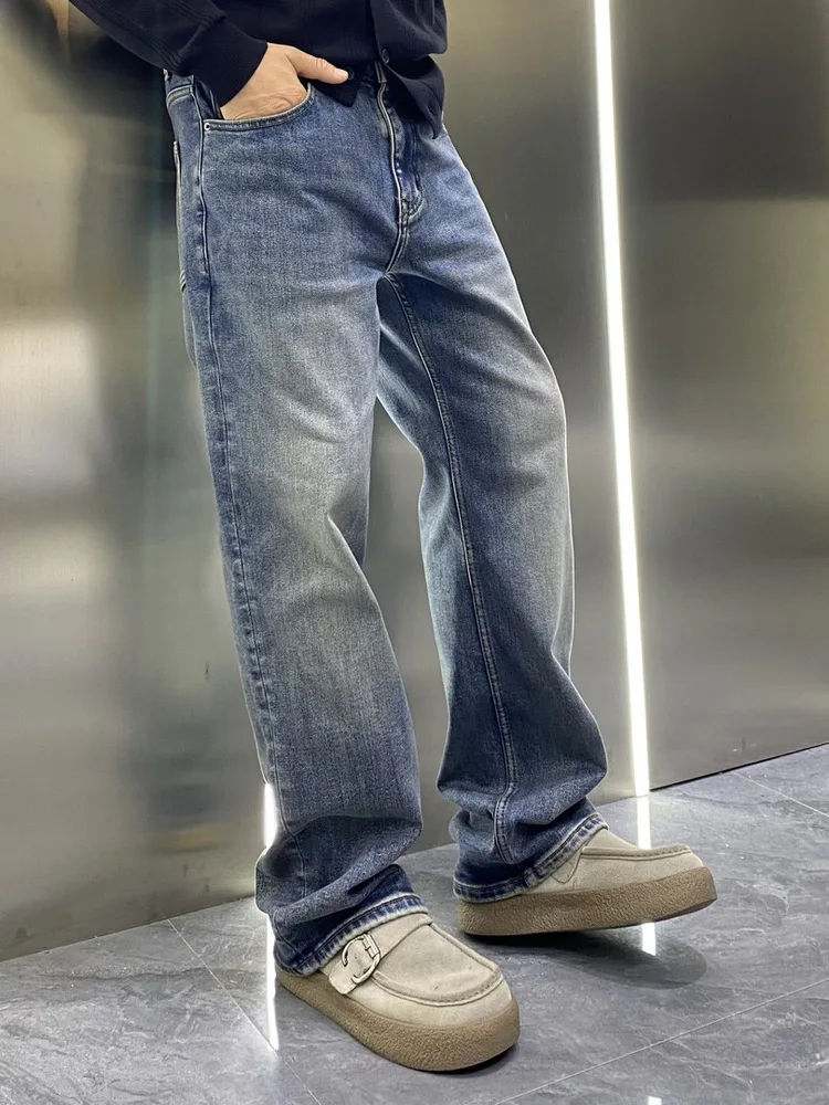 

Retro Waed Blue Wide Leg Straight Cut Jeans Men's Loose Luxury Long Trousers Faionable Urban Sle Winter Season
