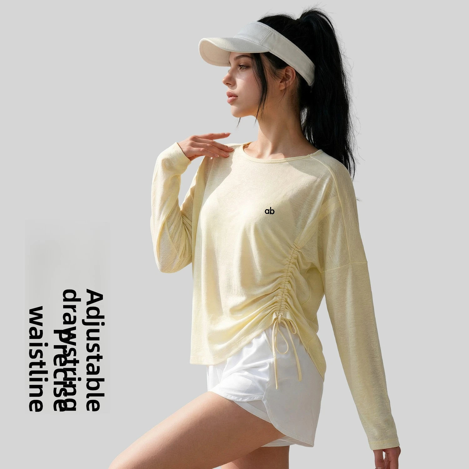 Autumn Women Side Waist Drawstring Long Sleeve Yoga Top Naked Feel High Stretch Loose Cover‑Up Gym Outdoor Fitness T‑Shirt
