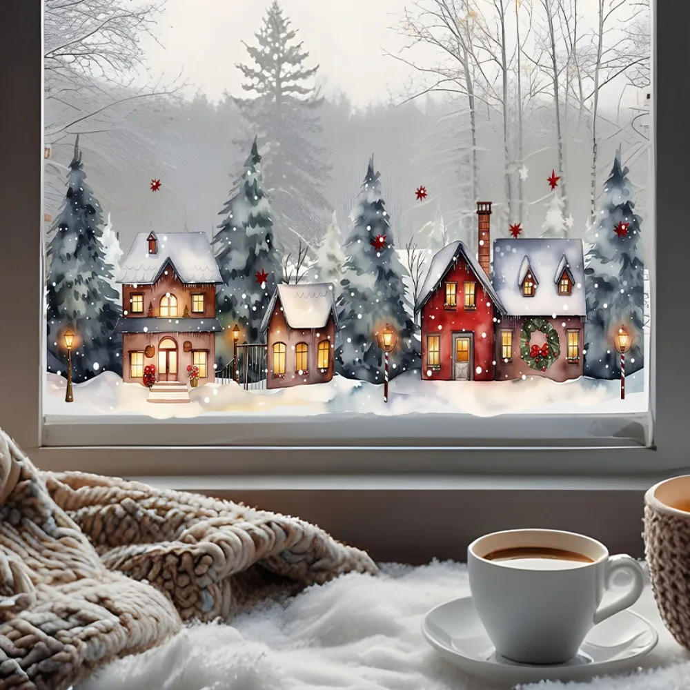 Christmas Snowhouse Pine Tree Street Lamp Christmas Glass Decorative Stickers for Living Room, Balcony, Bedroom Decoration