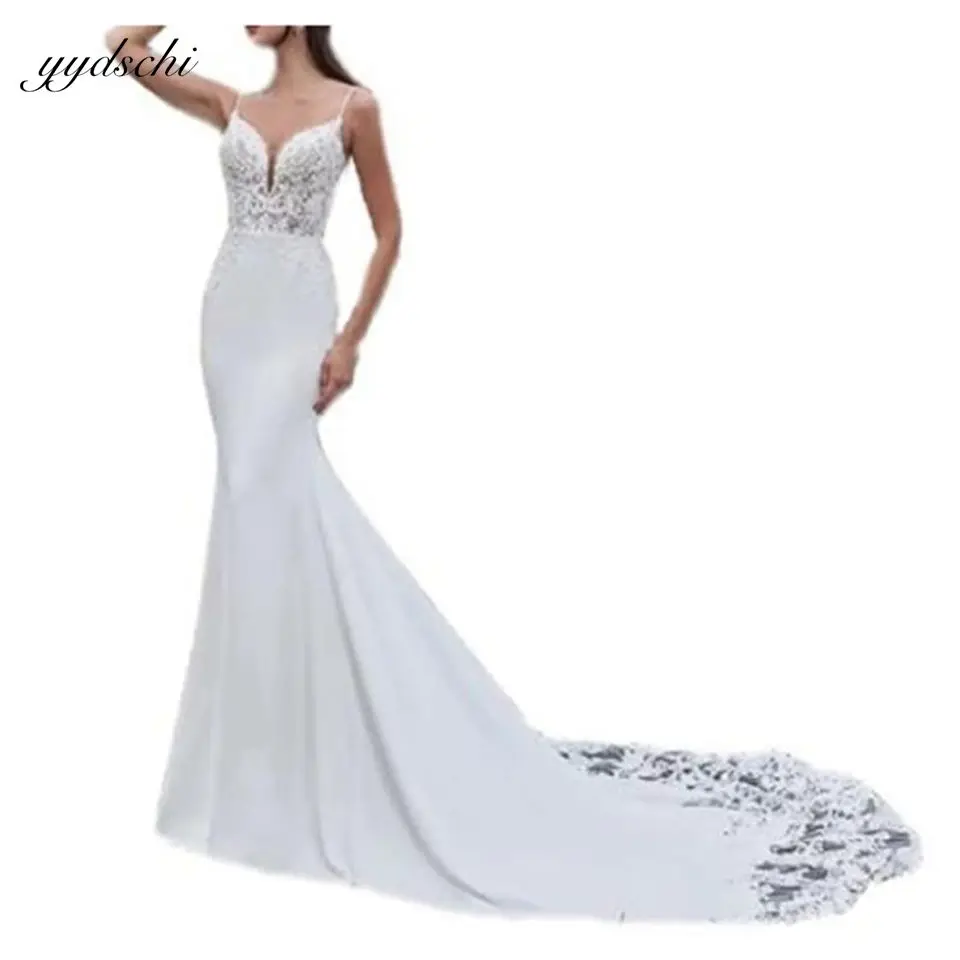 

Sexy V-Neck Satin Lace Spaghetti Strap Backless Mermaid Wedding Dresses For Women 2024 Court Train Bride Gowns vestidos de novia