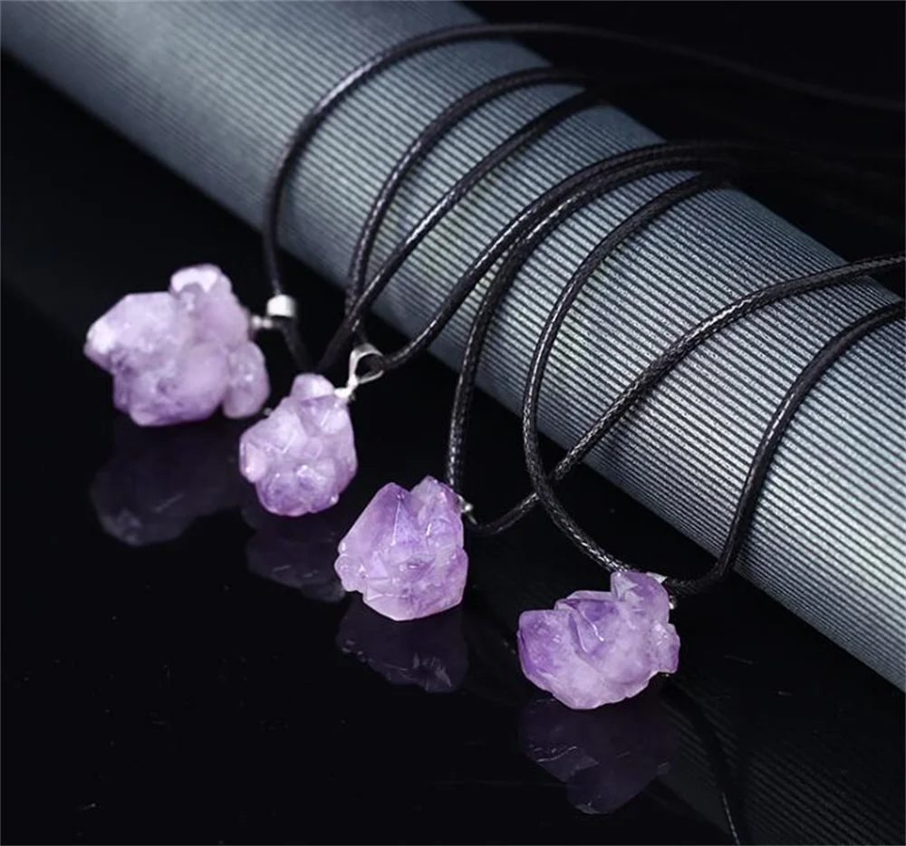 Natural Amethyst Irregular Rock Beads Dangle Lucky Pendant Crystal Leather Necklace for Woman Man Charm Amulet Jewelry Gift