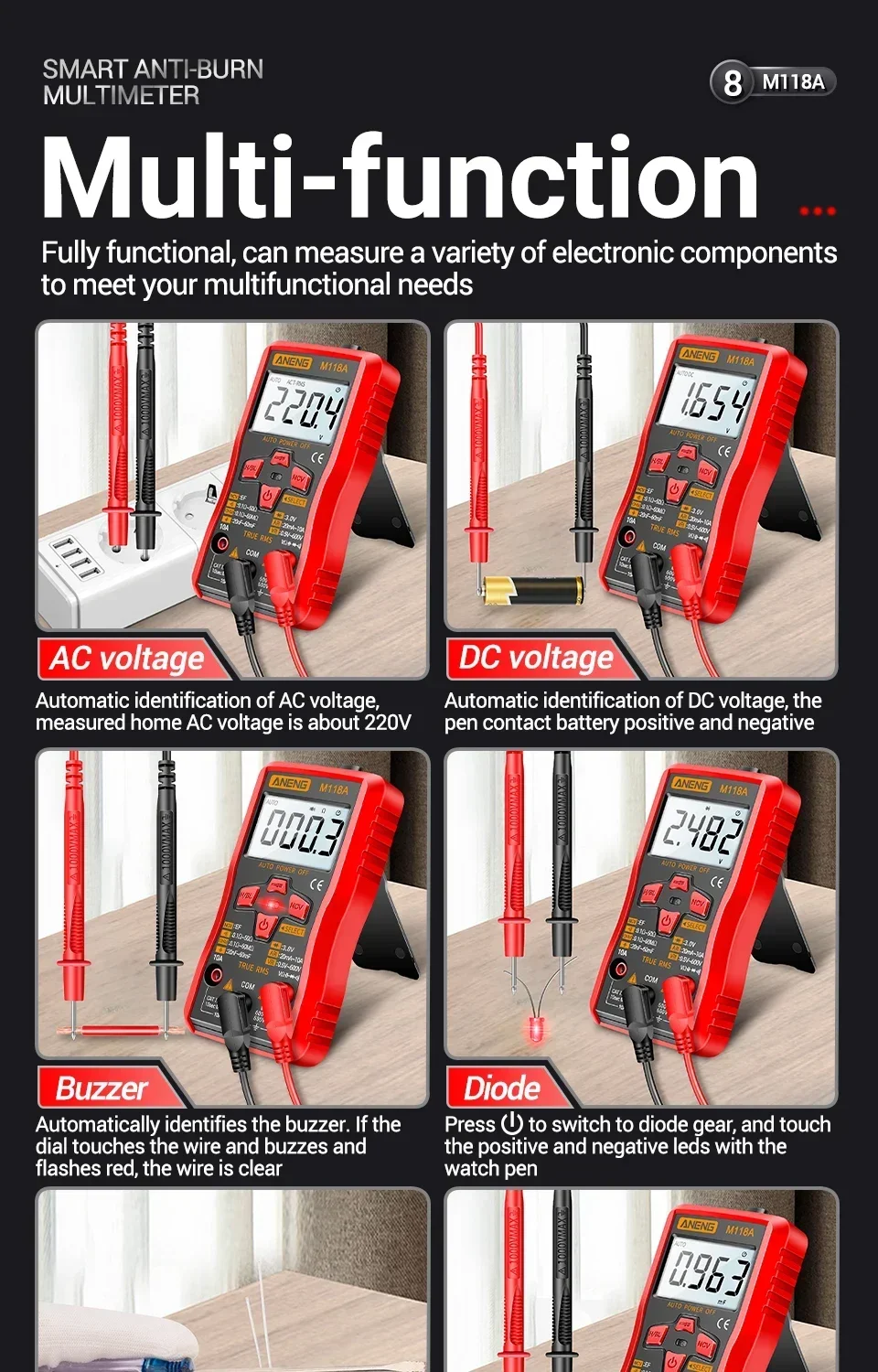 Digital-Multimeter-Tester-Stift ANENG M118A +A3010 Kit True RMS 6000/4000 Counts Auto-Ranging AC/DC Transistor-Spannungsprüfer Werkzeuge – Detail 11