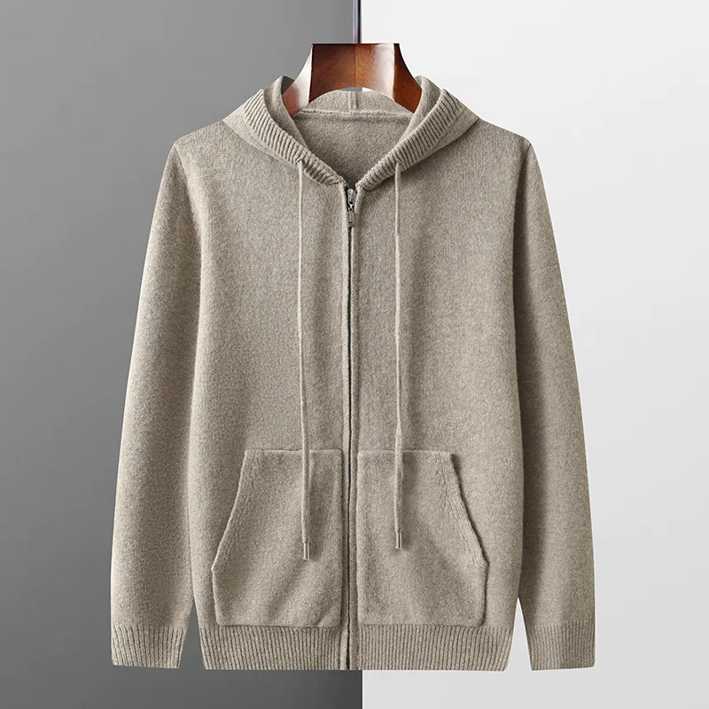 

Autumn And Winter New Casual 100% Wool Cardigan Men's Hooded Pocket Loose Knit Padded Cashmere Coat