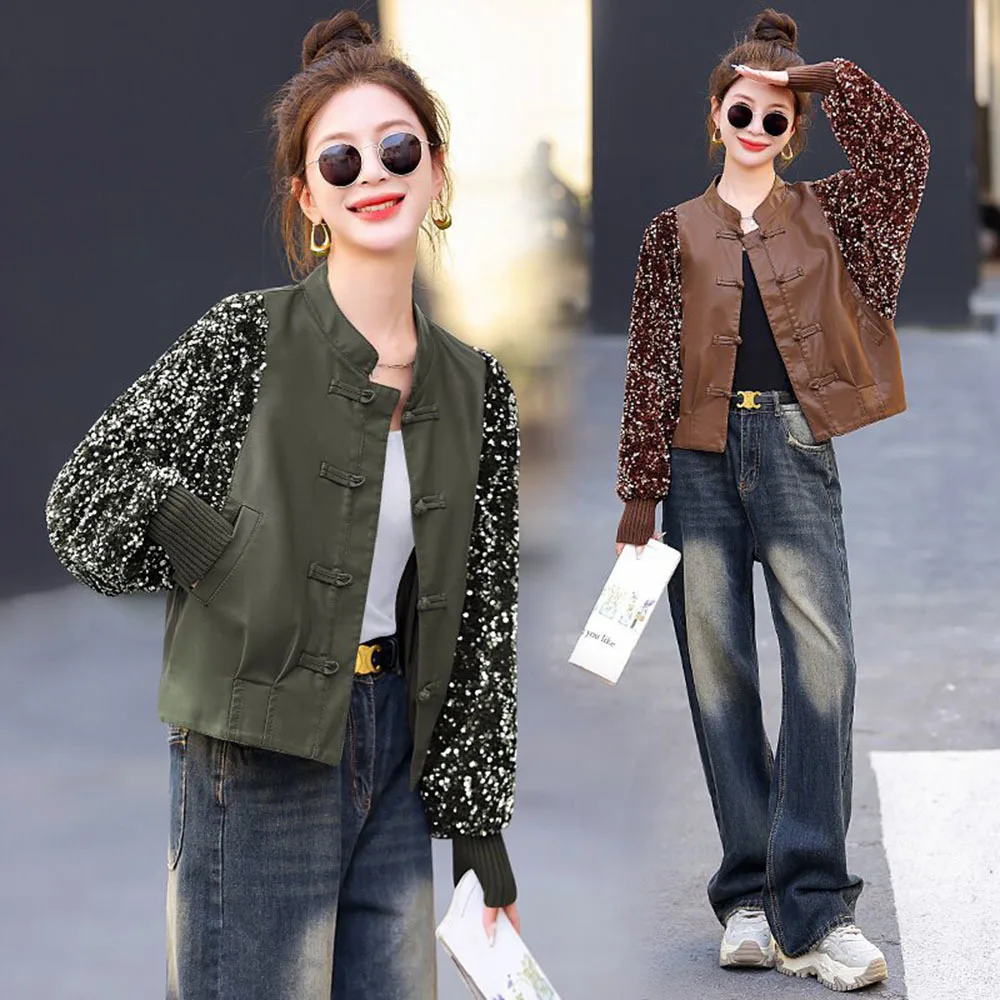 

2024 New Arrival Spring Autumn PU Women Jacket Casual Loose O-neck Retro Buttons Coats Ladies Sequin Long Sleeve Leather Outwear