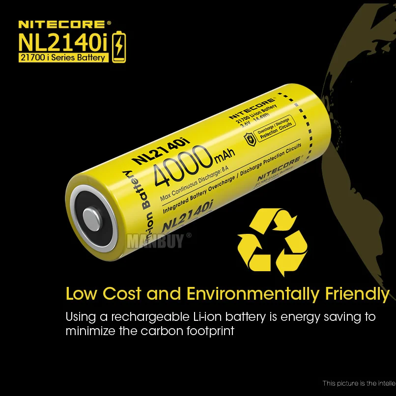 

Genuine NITECORE NL2140i i Series 21700 4000mAh 8A 3.6V Button Top Protected Li-ion Rechargeable Battery with Free Flashlight