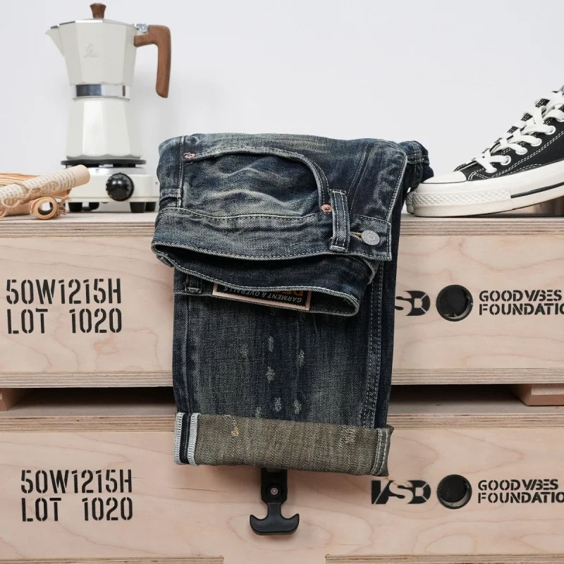 New autumn and winter trendy ripped patchwork jeans, heavy wash vintage blue non-stretch men's straight pants