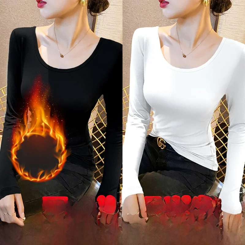 Women's Thermal Fleece Lined Long Sleeve Underwear Tight Fit Korean Style Slimming Autumn Winter Inner Wear Single Layer Poly...