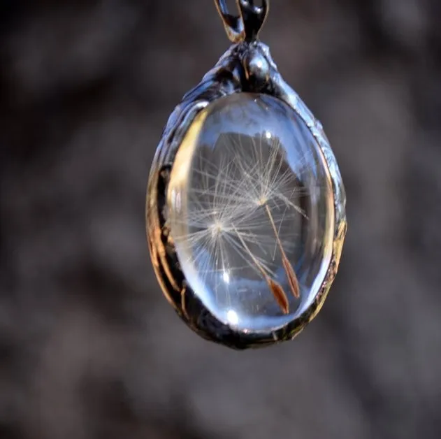 Vintage Chinese Style Lucky Wish Real Dandelion Seed Pendant Necklace Oval Glass Time Gem Electroplated Jewelry For Women Blessi