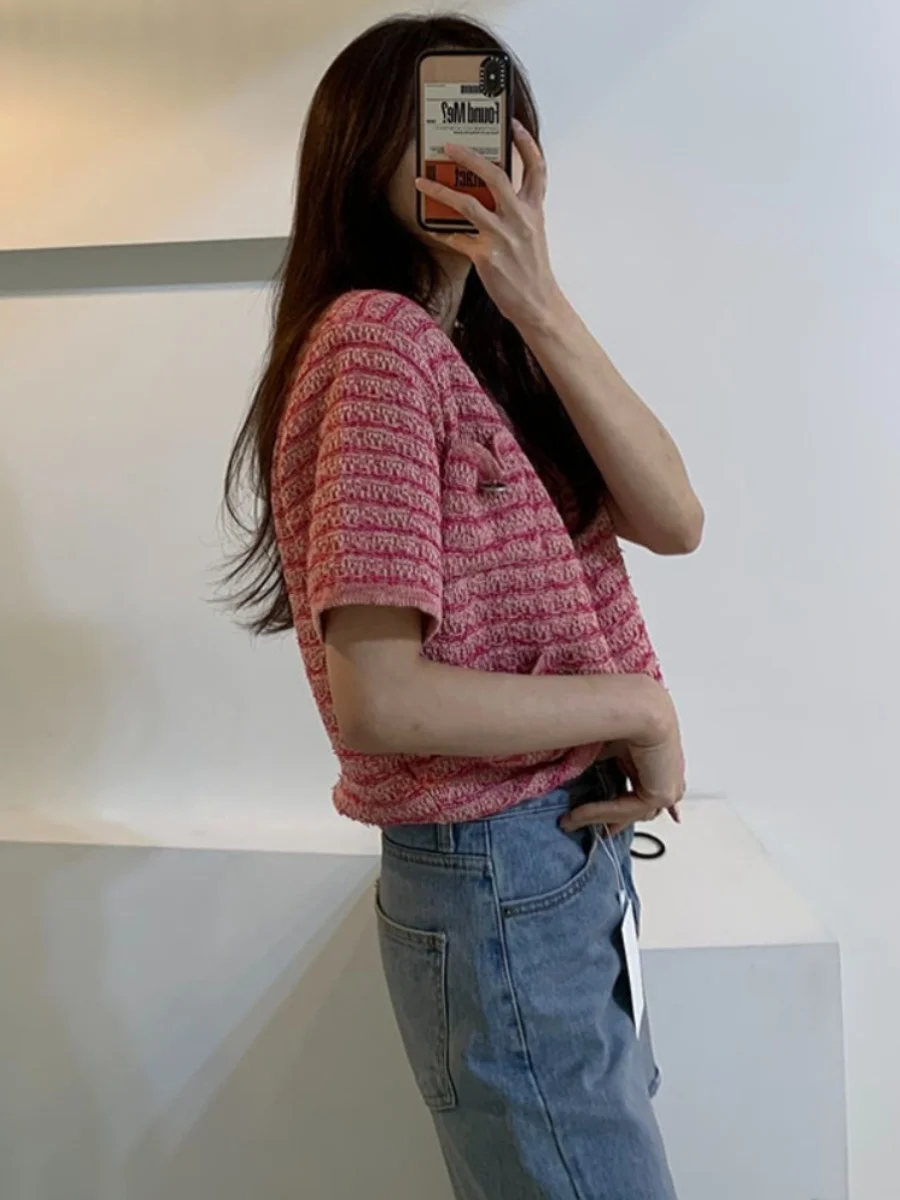 Chaqueta de punto fina retro rosa nueva de verano para mujer, cárdigan abierto con cuello en V, manga corta, ra, transpir...