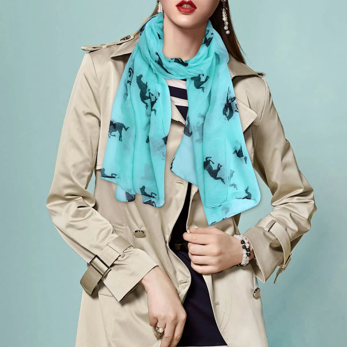

1Pcs Women Scarf Large Size Blue Voile Thin Delicate Running Horse Pattern Shawl Wrap Summer Sun Block Autumn Neck Warmer