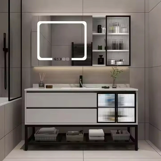 Vanità da bagno in stile moderno, doccia e mobiletto per lavare le mani