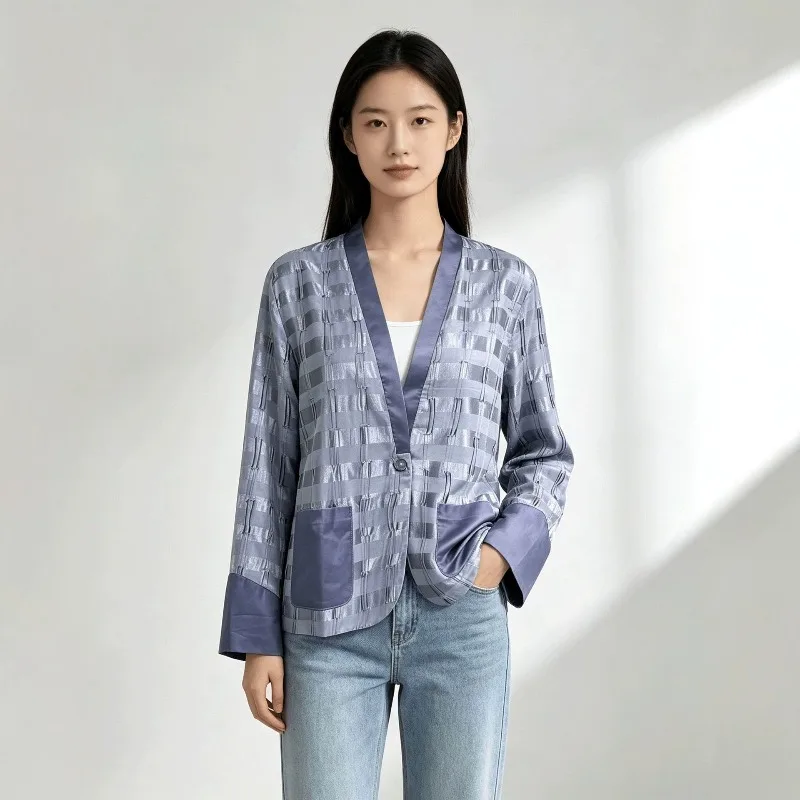 Miyake Pleated V-Neck Jacket Plisse Women 2026 Spring Autumn Glossy Plaid Single Button Patchwork Pocket Textured Cardigan Top
