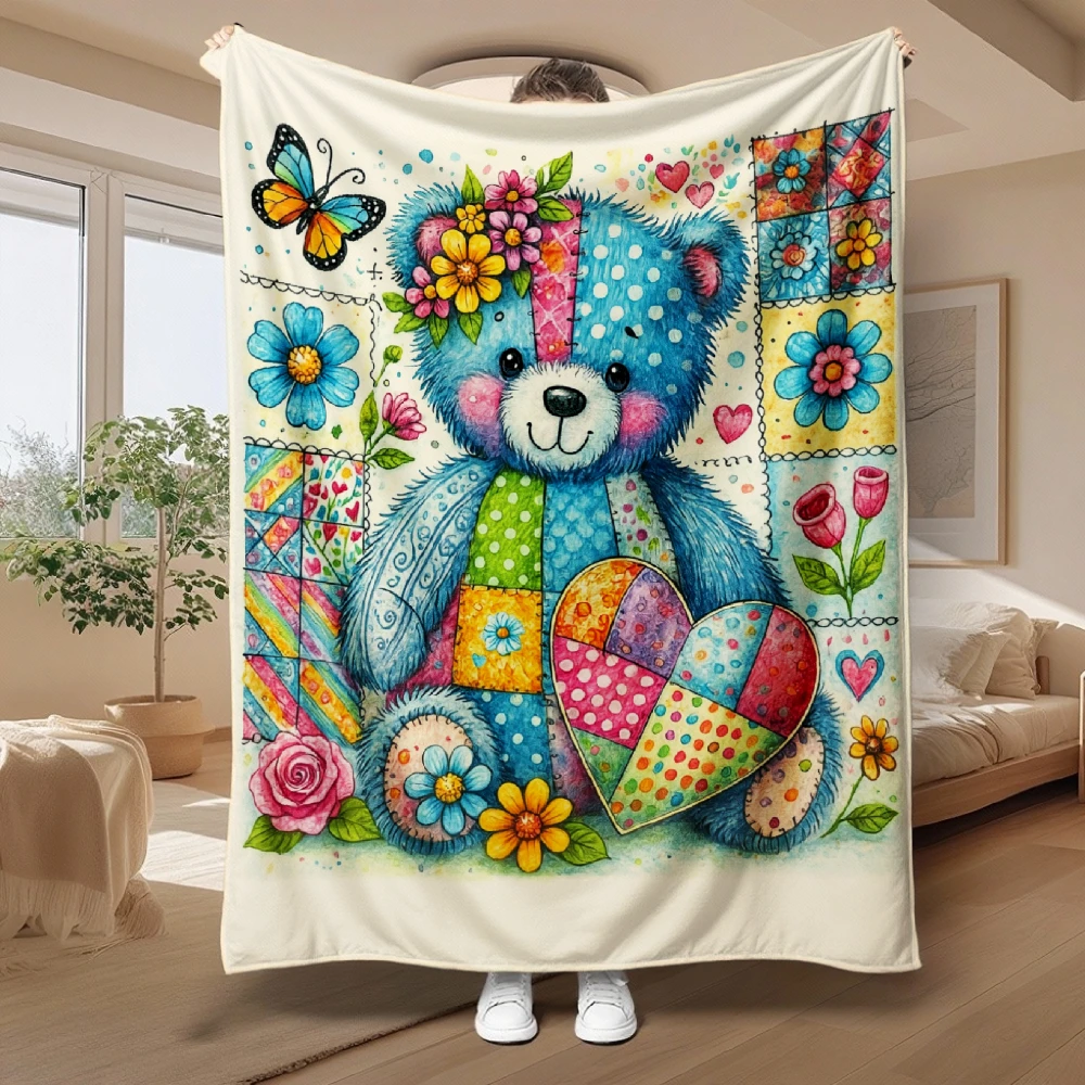 Cute Blue Bear Floral Patchwork Throw Blanket Nursery Decor Kids Springtime Bed Cozy Gift Whimsical Comforter Accent