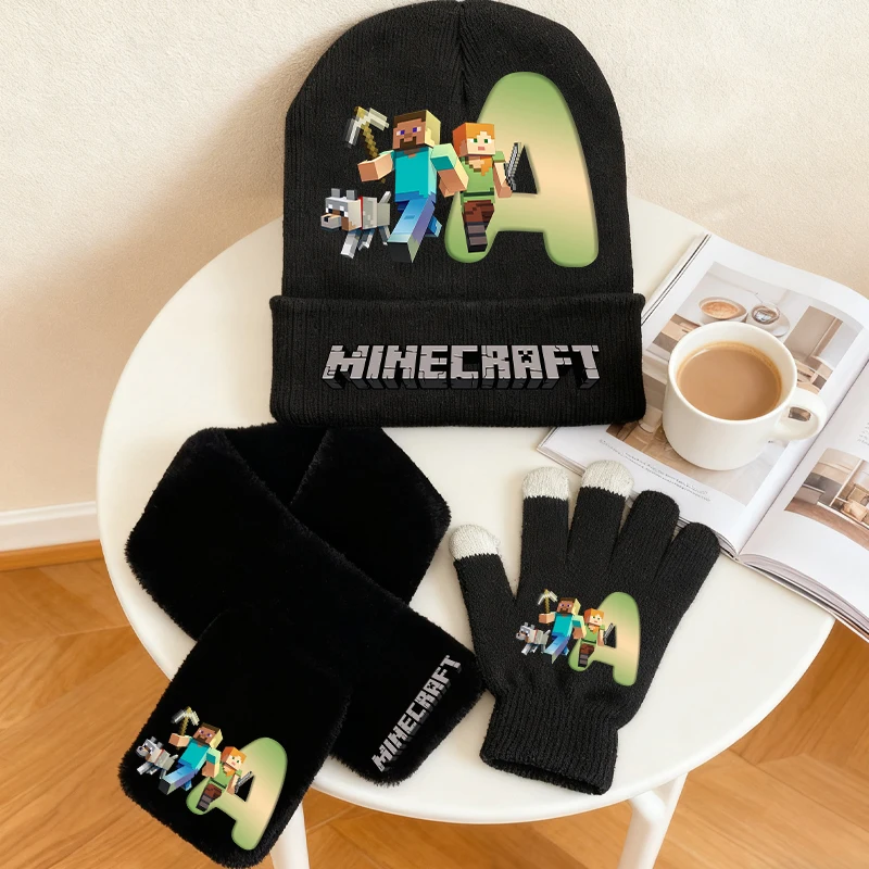 

New 3PCS/Set Game Theme Boys Knitted Hat Scarf Glove Minecrafted Beanie Cap Scarf Gloves Winter Mittens Neck Warmer Xmas Gifts