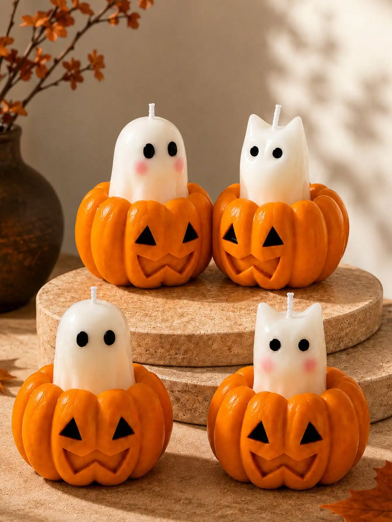 4pc Halloween Pumpkin Ghost Cat Candles, Cute Jack-O'-Lantern Sculpture Candle Set, Spooky Cute Autumn Home Decor, Halloween Party Tabletop Centerpiece, Fireplace Mantel Decor, Living Room Tabletop Decor, Hostess Gift, Autumn Seasonal Gift Set For Friends