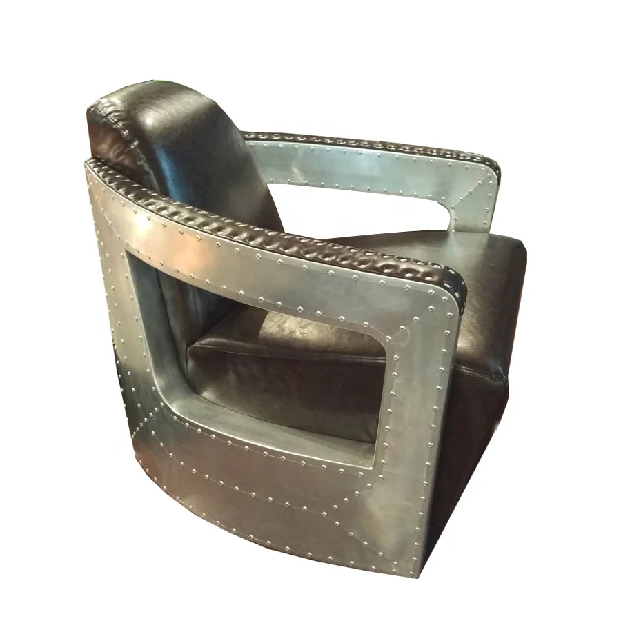 Vintage American Style Aviation Aluminum Chesterfield Arm Chair Leather Sofa for Living Room