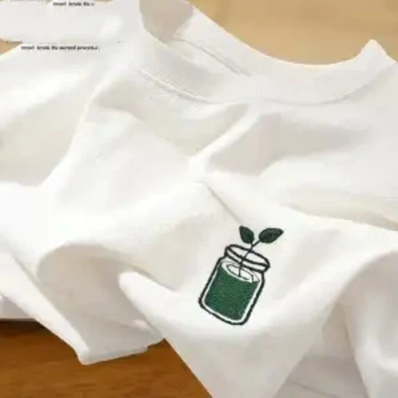 Unisex Casual Plant Embroidery Crew Neck Short Sleeve T Shirt Simple Cotton Tee For Daily Wear