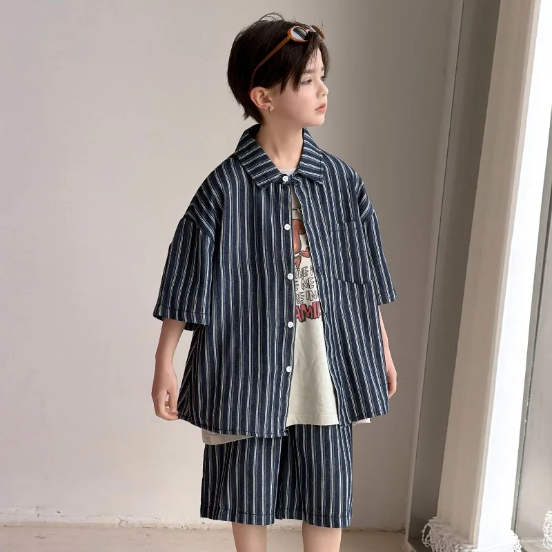 Boys Pure Cotton Short-sleeved Set 2026 Summer New  Striped Casual Two-piece Set Loose Thin Breathable Children's Clothing Tide