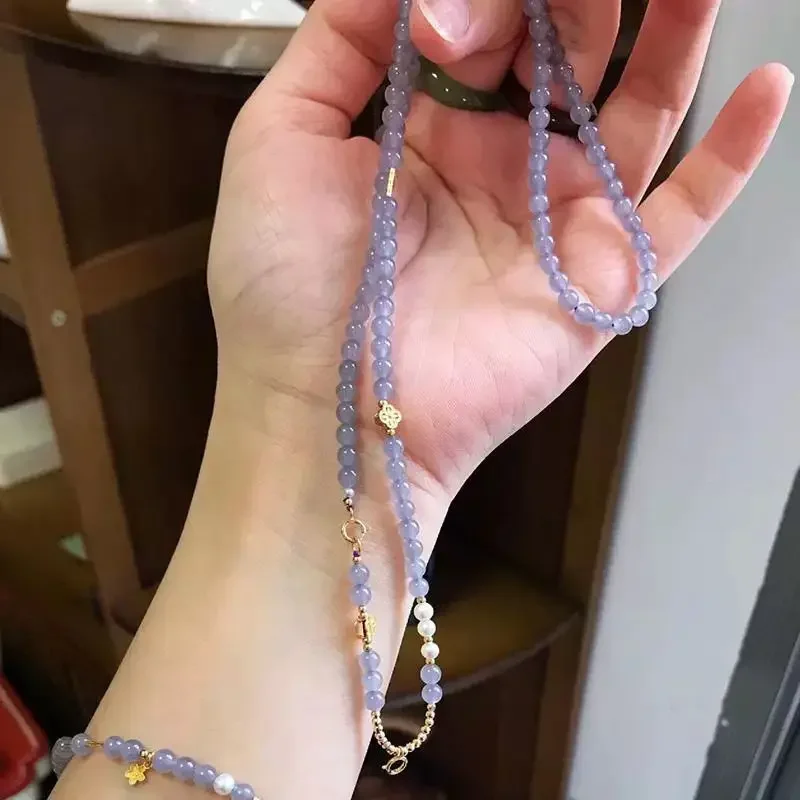 

Original Ice Smoke Purple Hetian Jade Small Rice Beads Universal Chain New Chinese Style All-match Pendant Ball Bead Chain Women