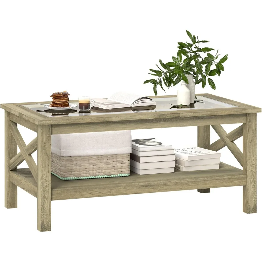 

Modern Farmhouse Coffee Table with Storage, Tempered Glass Top and X-Bar Design for Living Room, Gray