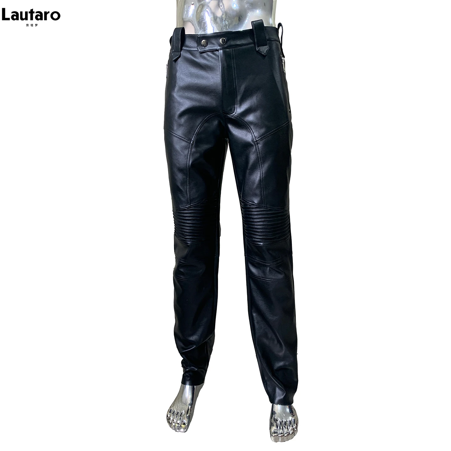 Lautaro Spring Autumn Cool Black Fitted Pu Leather Moto & Biker Pencil Pants Men High Waist Luxury Designer Emo Menswear Clothes