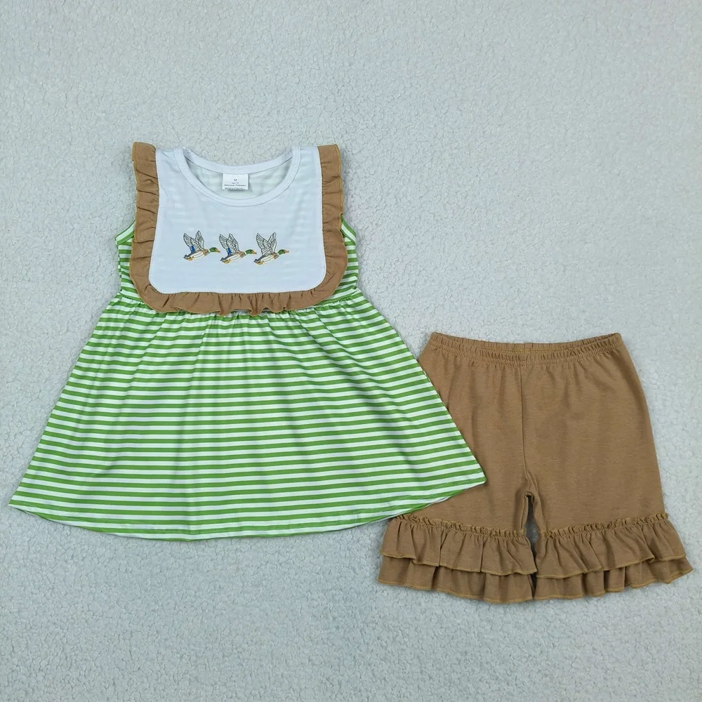 Wholesale Kids Baby Girl Embroidery Clothes Toddler Children Set Girls Ducks Stripes Ruffle Tunic Cotton Shorts Summer Outfit