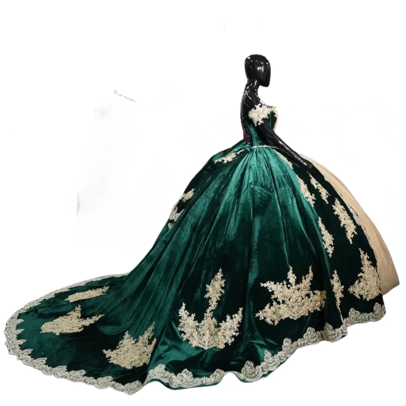 Vestido De quinceañera brillante verde oscuro con imagen Real, Apliques De encaje dorado, vestido De fiesta De graduación De princesa XV, 15 An