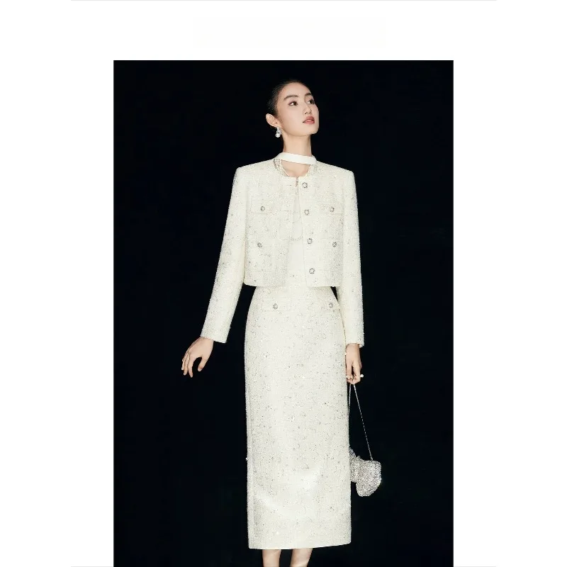 French Tweed Two Piece Set Women Elegant Autumn Outfit